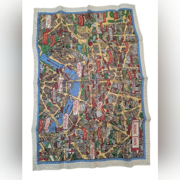 Vintage Irish Cabin Linen Tea Towel w London Town Map Landmarks Pattern Art Gift - Picture 7 of 7